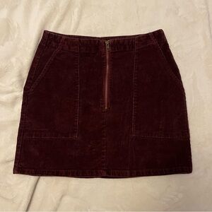 Burgundy Corduroy Mini Skirt | Dark Cherry Red Zip Front | Size 8